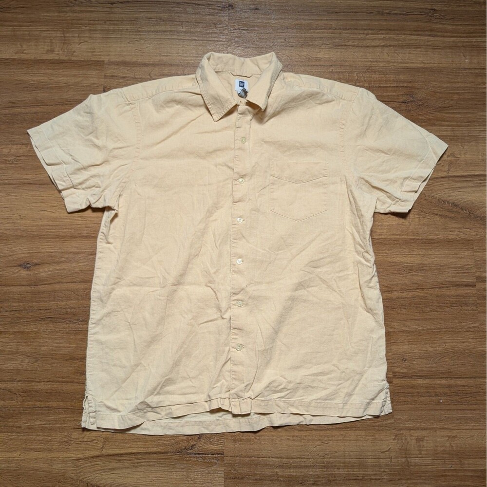 Gap Button Up Shirt Mens Size Large Short Sleeve Linen Blend Yellow Casual